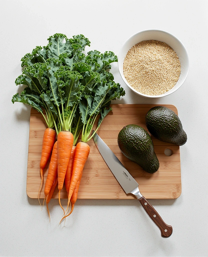 Fresh organic vegetables and healthy grains on a kitchen counter